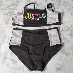 Justice Black Ribbed Two-Piece Swimsuit with Pastel Rainbow Logo